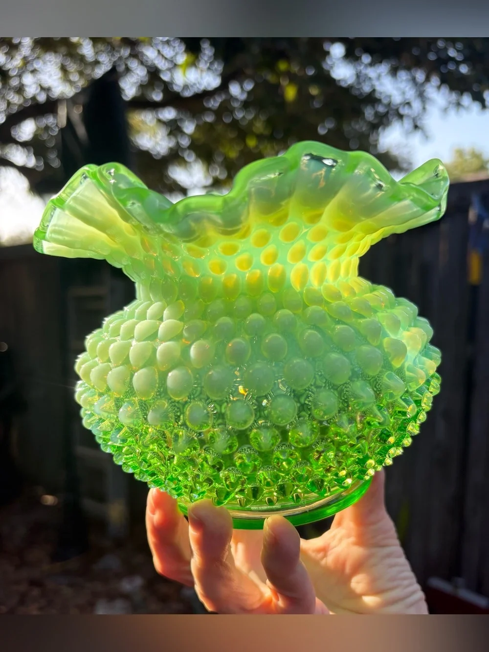 Fenton Rose Bowl Lime Green Opalescent Hobnail Glows!
